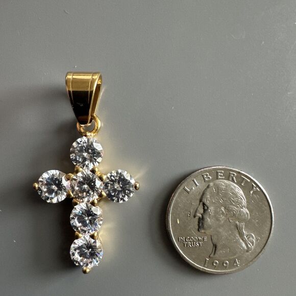 Cubic Zirconia Stainless Steel Cross Pendant Gift Trendy 24” Necklace Gold Tone - Picture 2 of 6